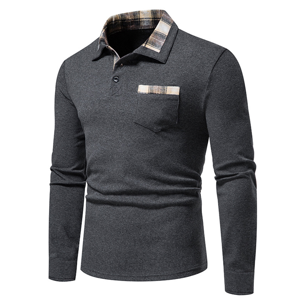 Diggetty New Men's Plaid Long Sleeve Color Matching Polo Shirt