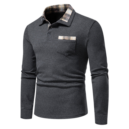 Diggetty New Men's Plaid Long Sleeve Color Matching Polo Shirt