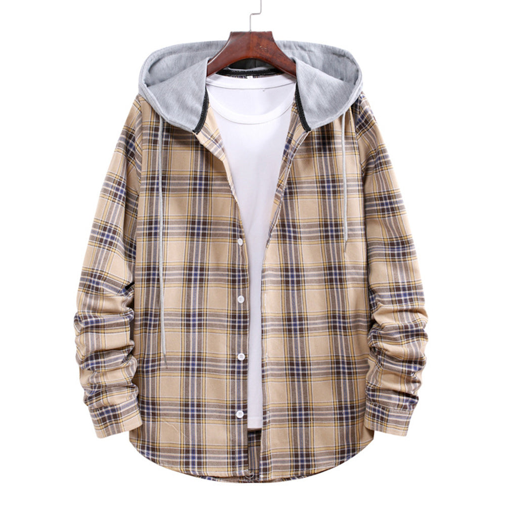 Men's Plaid Hooded Long Sleeve Shirt Jacket
