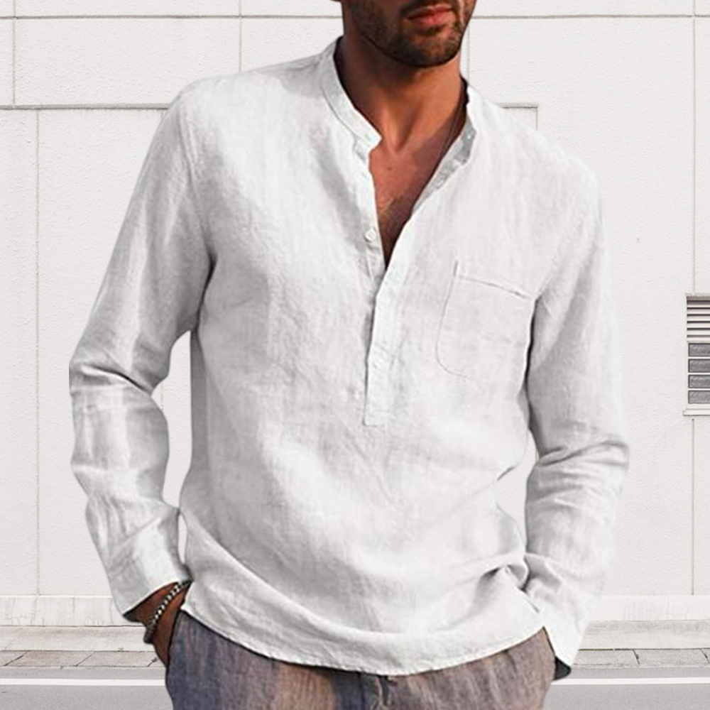 Lucisdream Men's Long Sleeve V Neck Casual Beach Linen Shirt