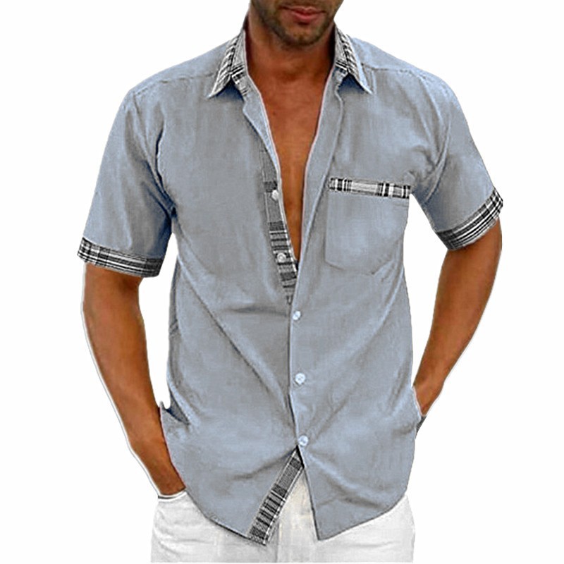 New summer men's solid color casual plaid shirt