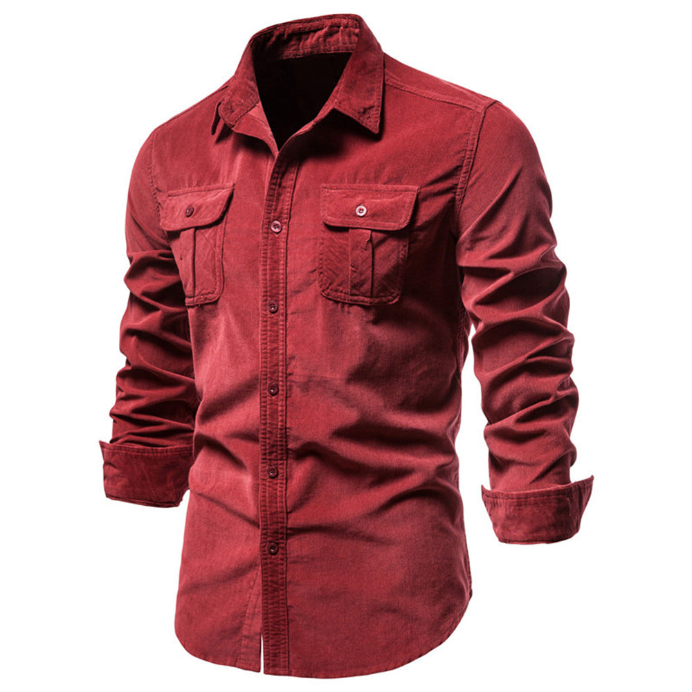New men's fashion casual pocket corduroy shirt
