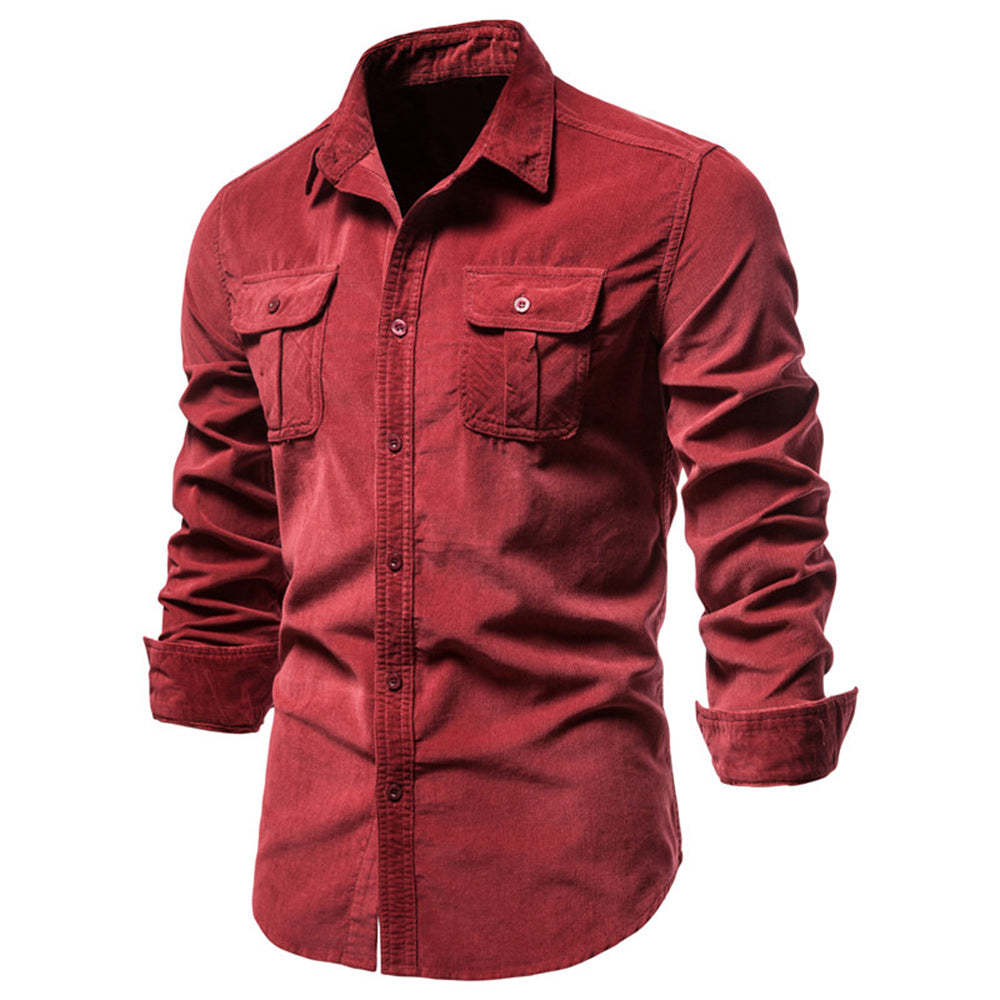New men's fashion casual pocket corduroy shirt