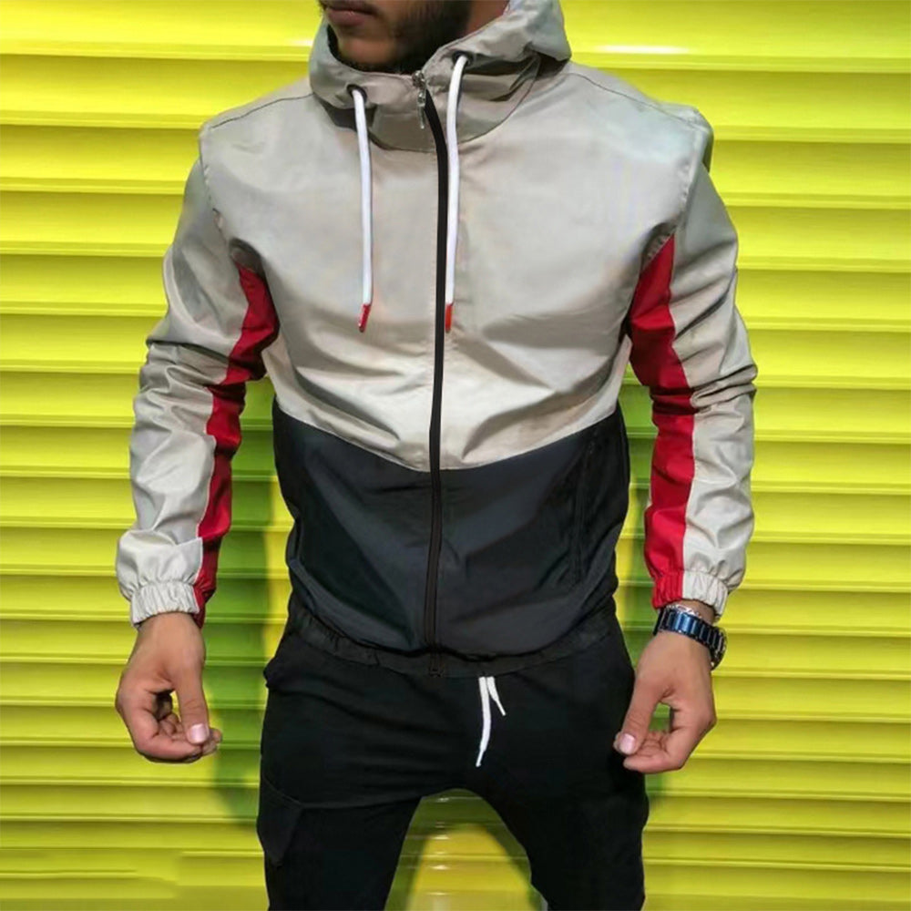 New Men's Fashion Loose Hooded Colorblock Long Sleeve Jacket