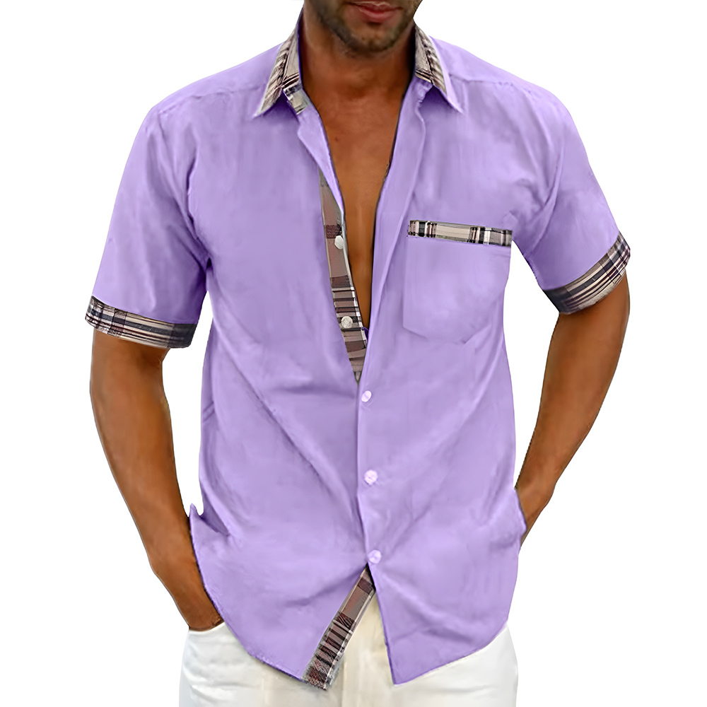 New summer men's solid color casual plaid shirt