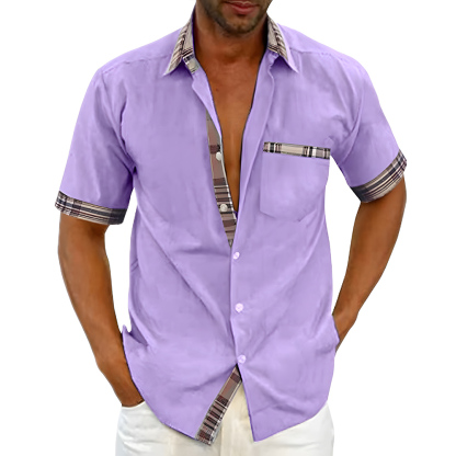 New summer men's solid color casual plaid shirt