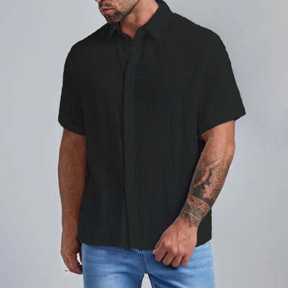 New Men's Slim Lapel Collar Pleated Short Sleeve Shirt