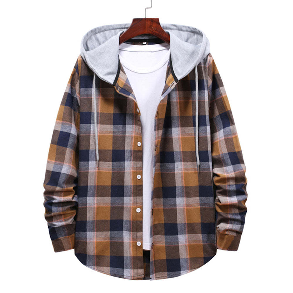 Men's Plaid Hooded Long Sleeve Shirt Jacket