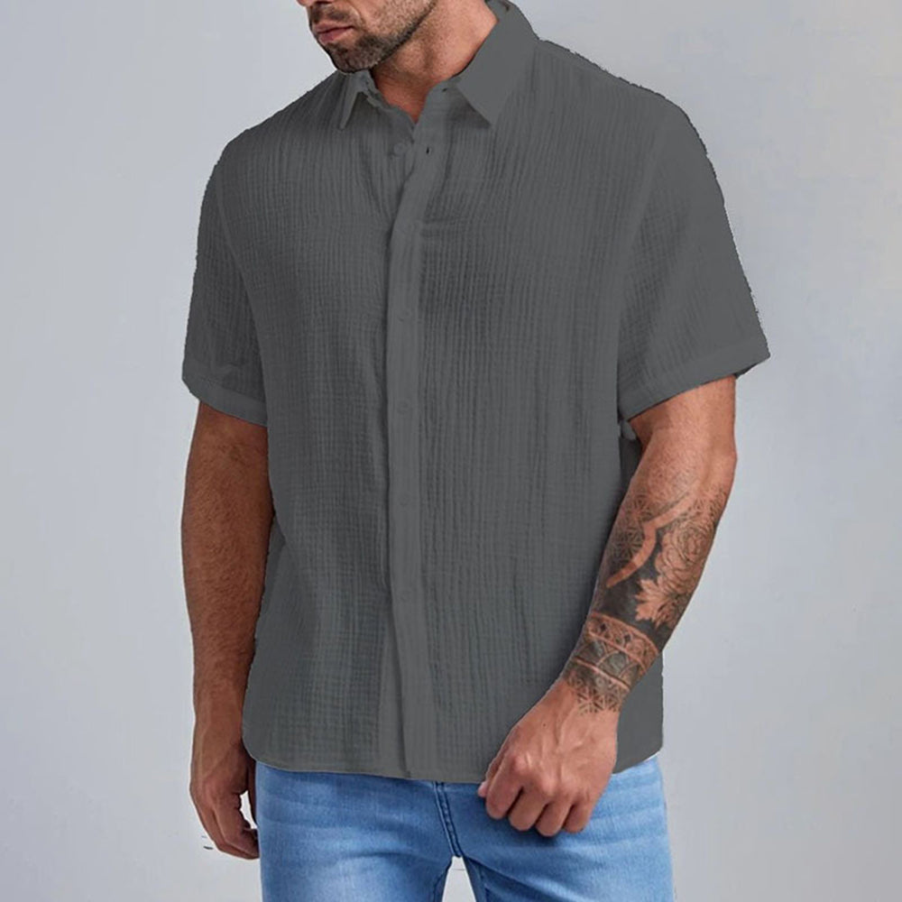 New Men's Slim Lapel Collar Pleated Short Sleeve Shirt