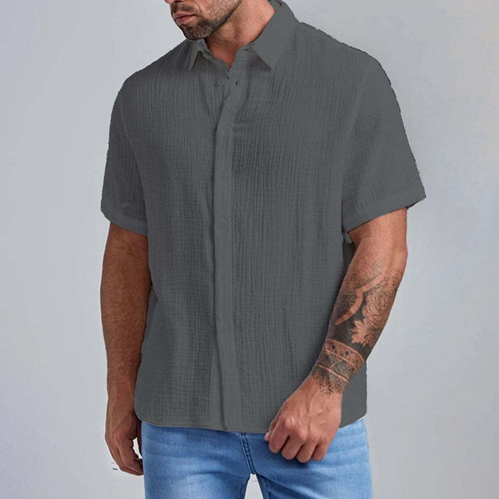 New Men's Slim Lapel Collar Pleated Short Sleeve Shirt