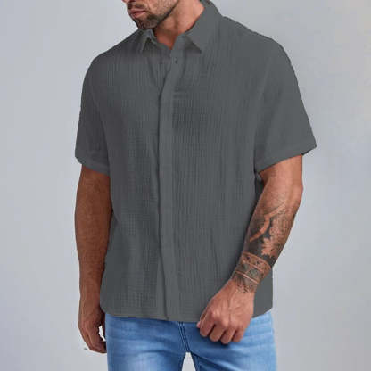 New Men's Slim Lapel Collar Pleated Short Sleeve Shirt