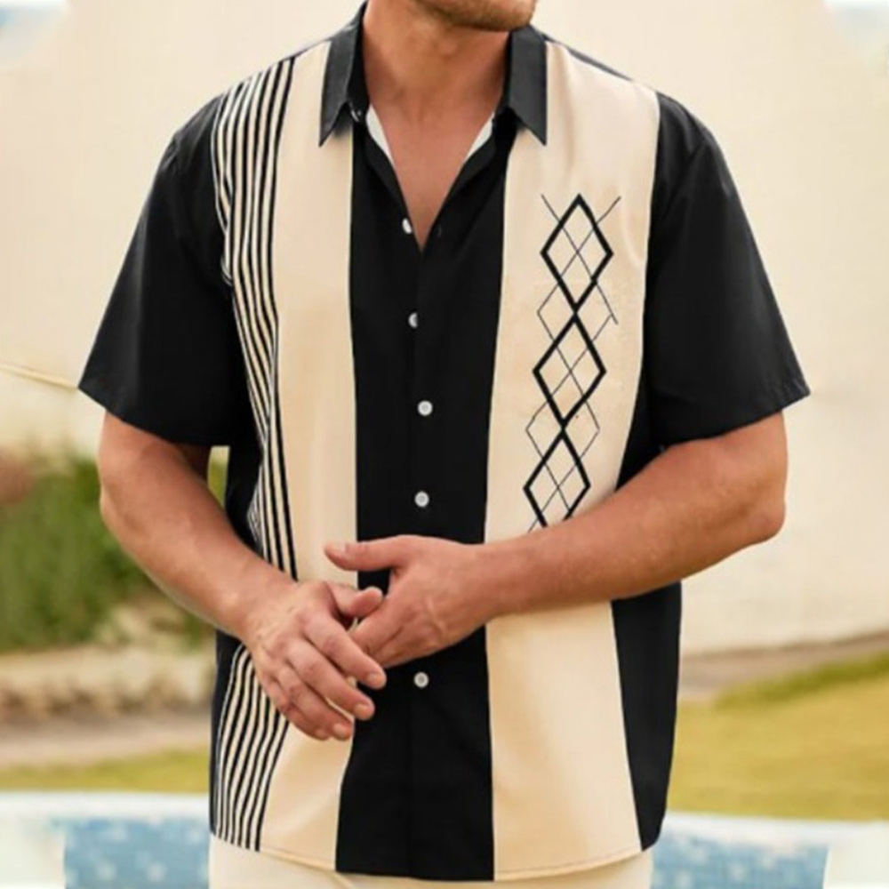 Summer new men's lapel striped printed short-sleeved shirt