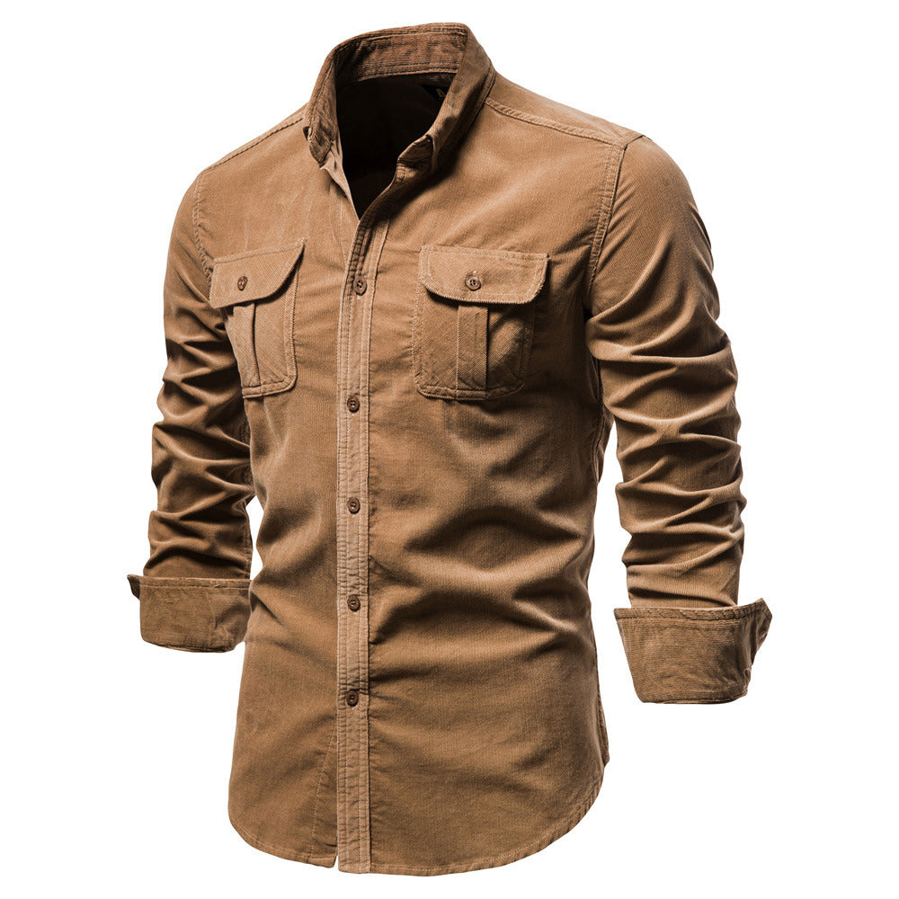 New men's fashion casual pocket corduroy shirt