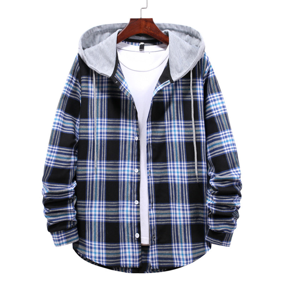 Men's Plaid Hooded Long Sleeve Shirt Jacket