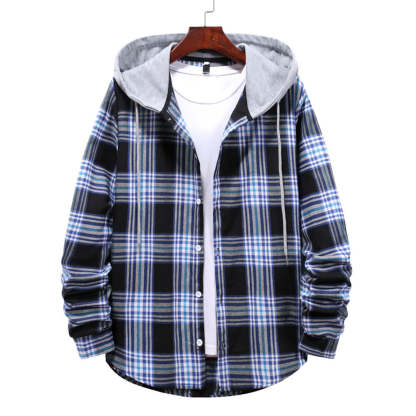 Men's Plaid Hooded Long Sleeve Shirt Jacket