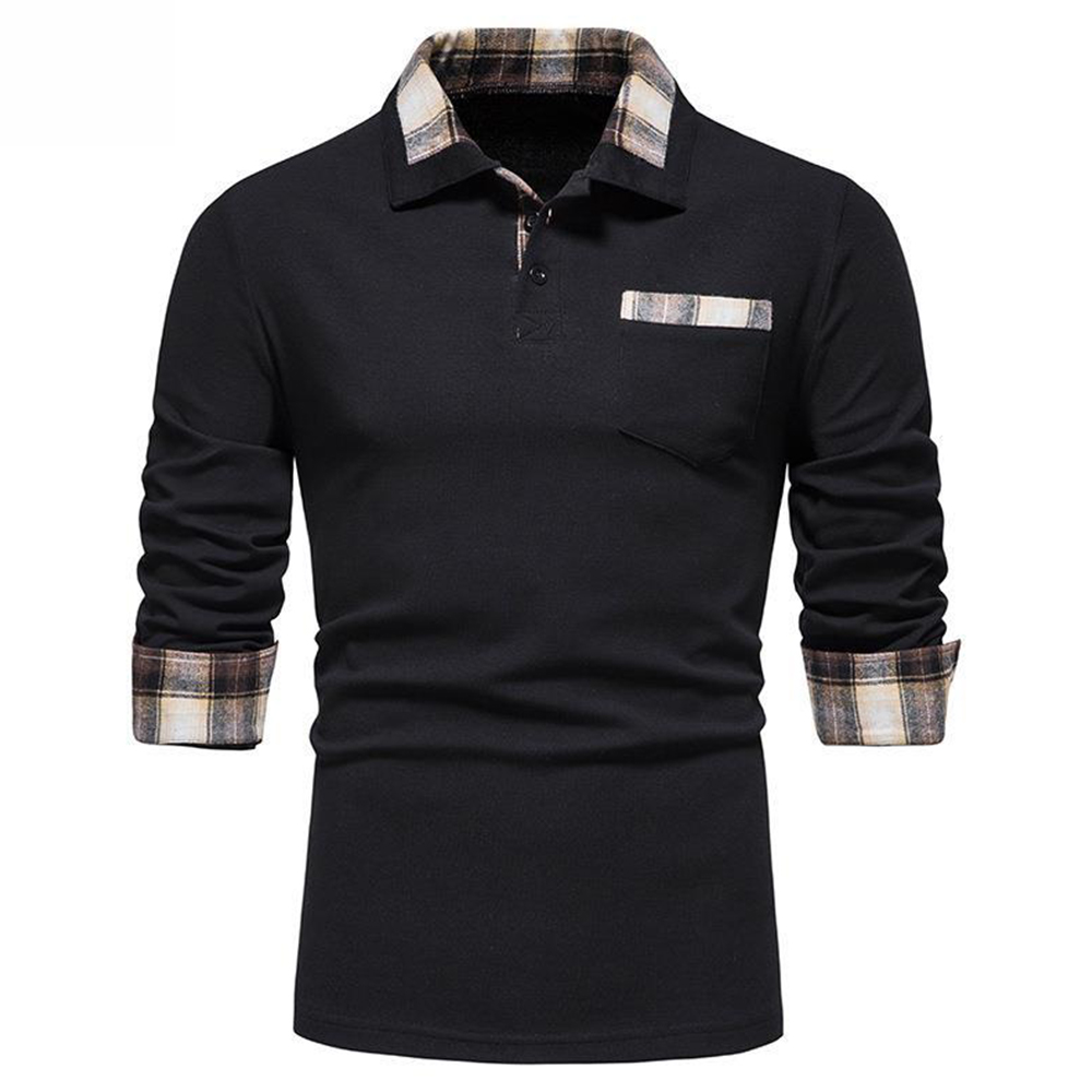 Diggetty New Men's Plaid Long Sleeve Color Matching Polo Shirt
