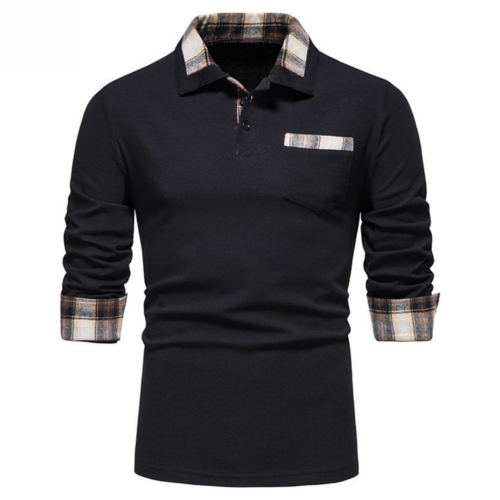 Diggetty New Men's Plaid Long Sleeve Color Matching Polo Shirt
