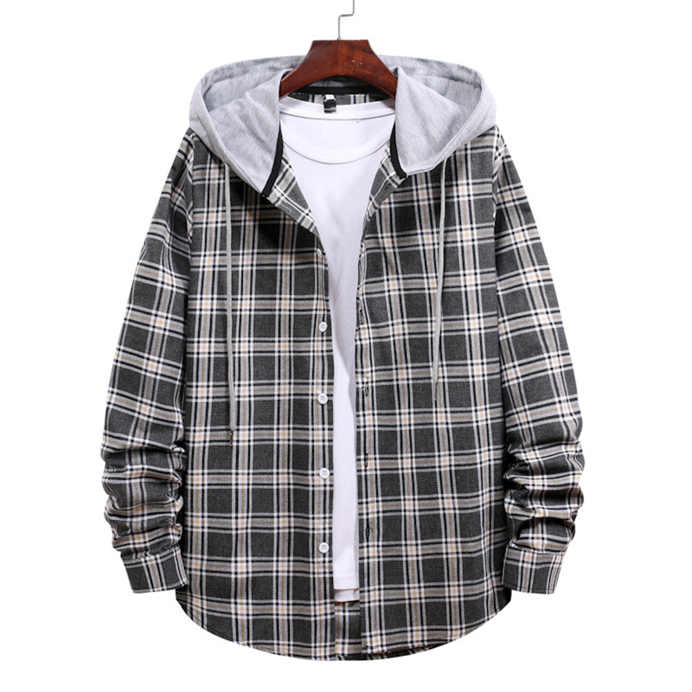 Men's Plaid Hooded Long Sleeve Shirt Jacket