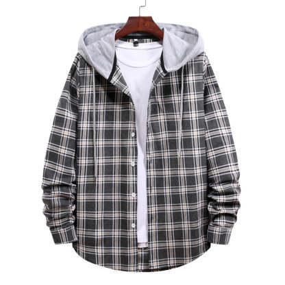 Men's Plaid Hooded Long Sleeve Shirt Jacket