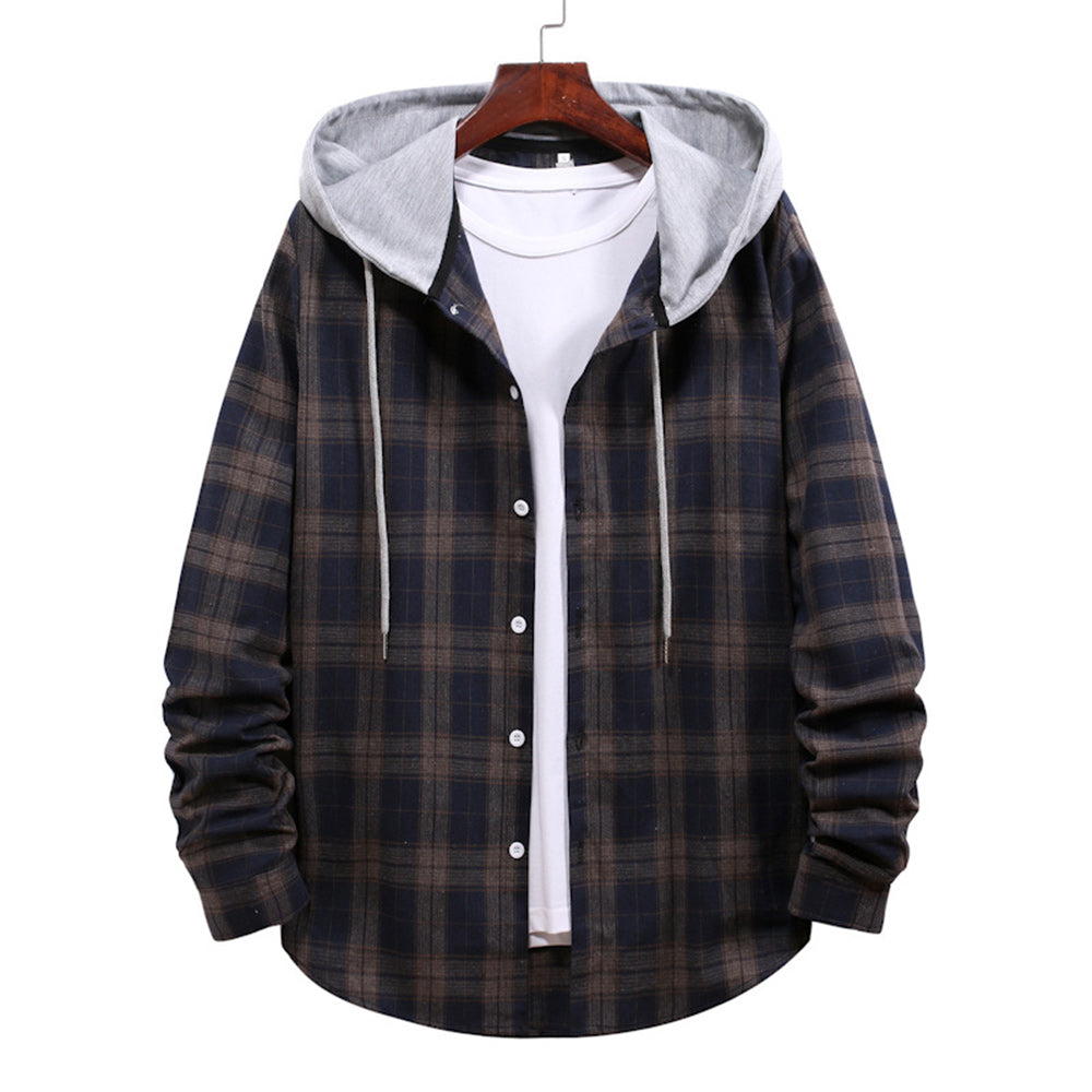 Men's Plaid Hooded Long Sleeve Shirt Jacket
