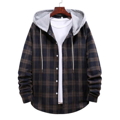 Men's Plaid Hooded Long Sleeve Shirt Jacket