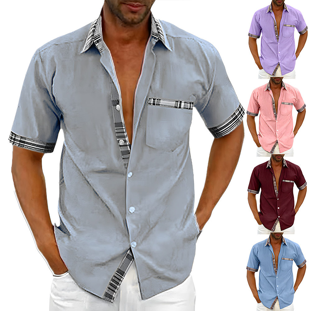 New summer men's solid color casual plaid shirt