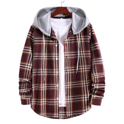 Men's Plaid Hooded Long Sleeve Shirt Jacket