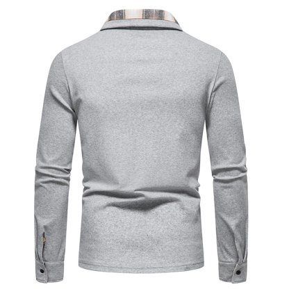 Diggetty New Men's Plaid Long Sleeve Color Matching Polo Shirt