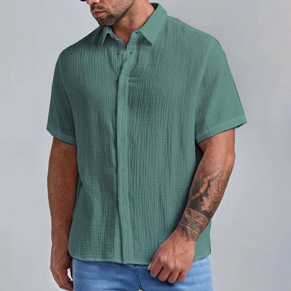 New Men's Slim Lapel Collar Pleated Short Sleeve Shirt