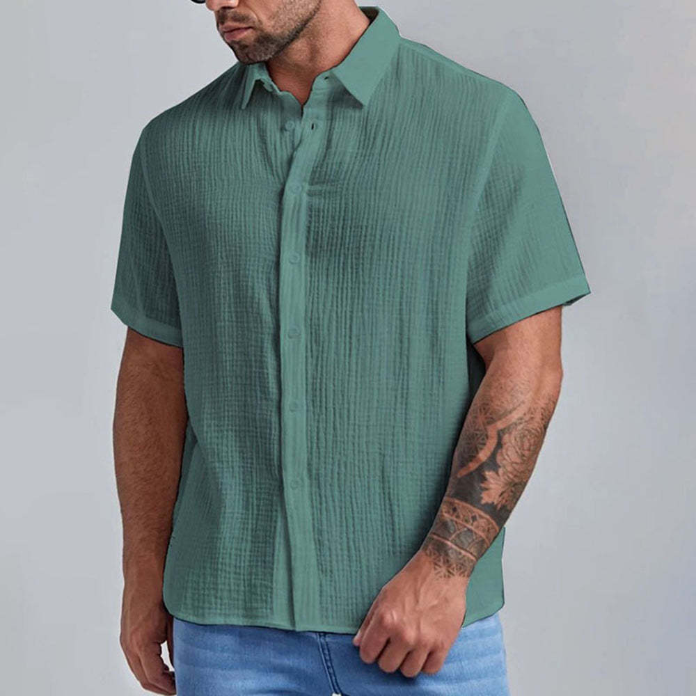 New Men's Slim Lapel Collar Pleated Short Sleeve Shirt