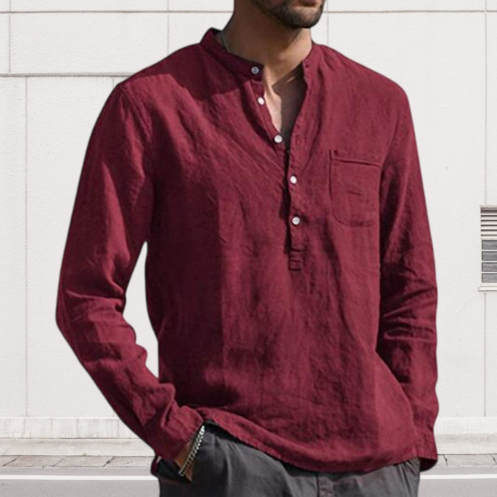 Lucisdream Men's Long Sleeve V Neck Casual Beach Linen Shirt