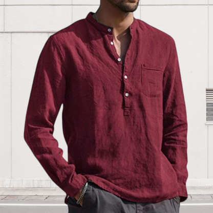 Diggetty Men's Long Sleeve V Neck Casual Beach Linen Shirt