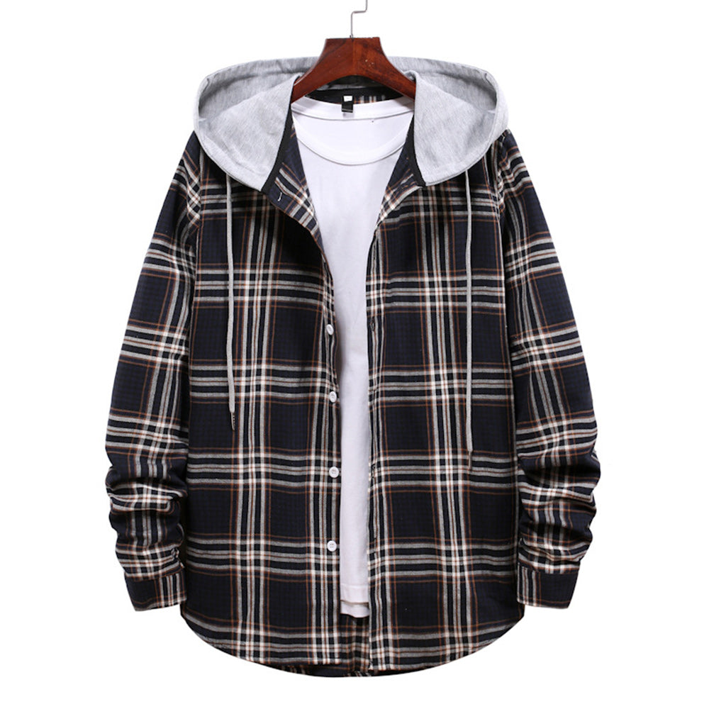 Men's Plaid Hooded Long Sleeve Shirt Jacket