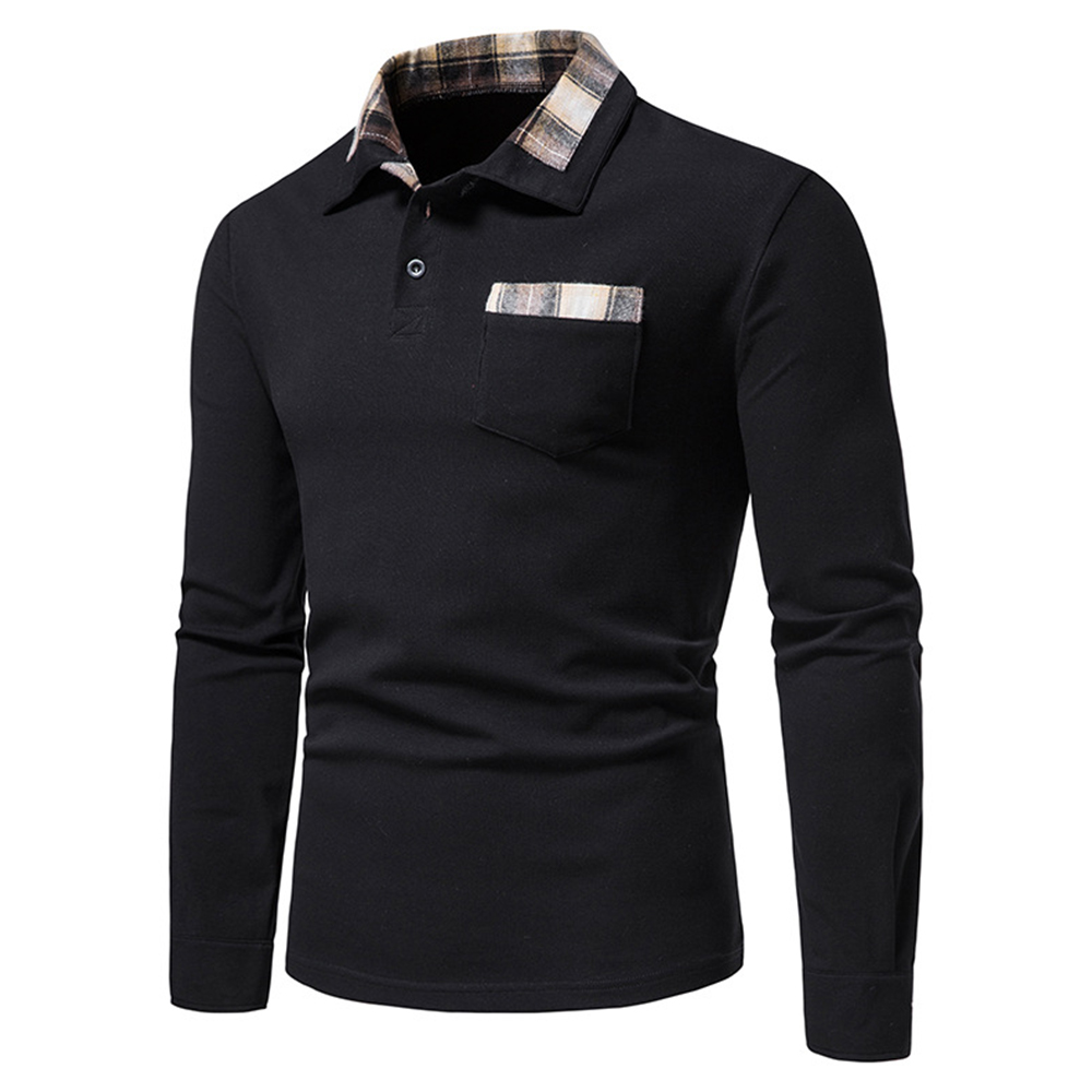 Diggetty New Men's Plaid Long Sleeve Color Matching Polo Shirt