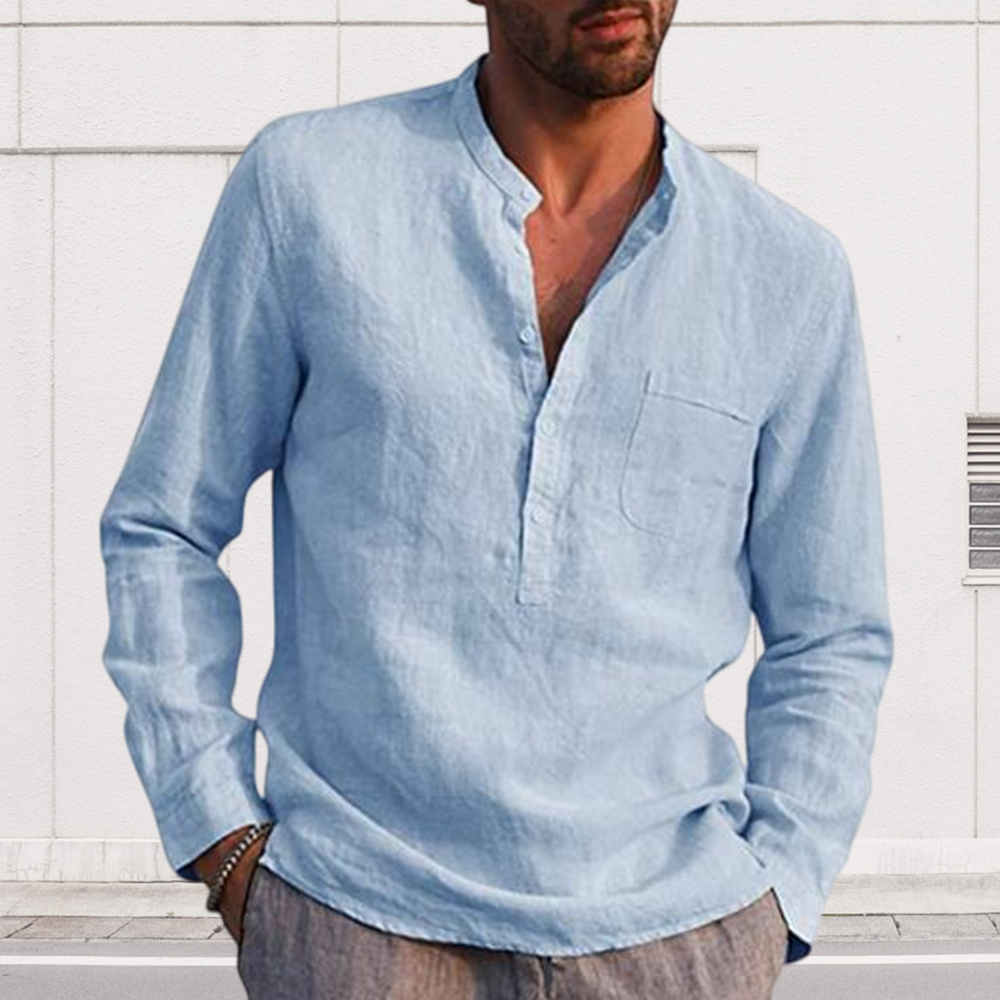 Lucisdream Men's Long Sleeve V Neck Casual Beach Linen Shirt