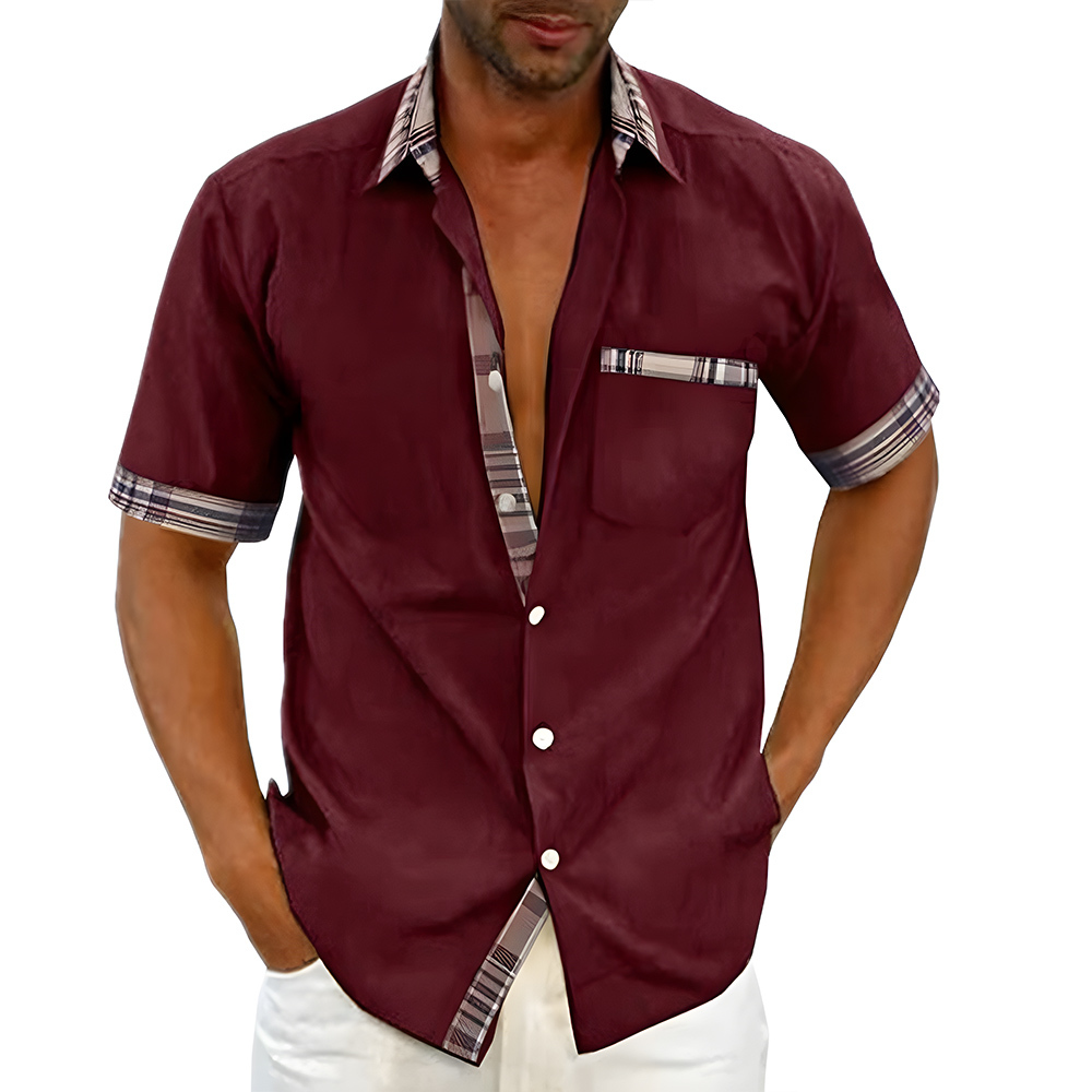 New summer men's solid color casual plaid shirt
