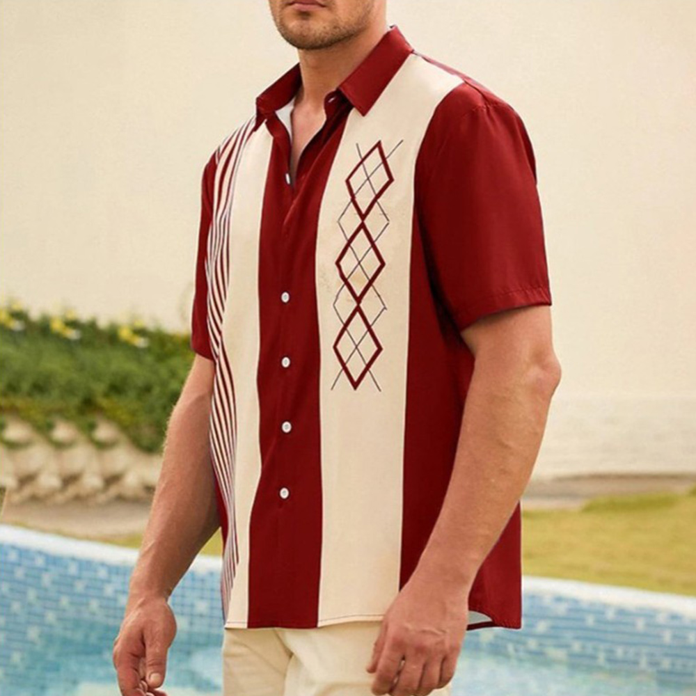 Summer new men's lapel striped printed short-sleeved shirt