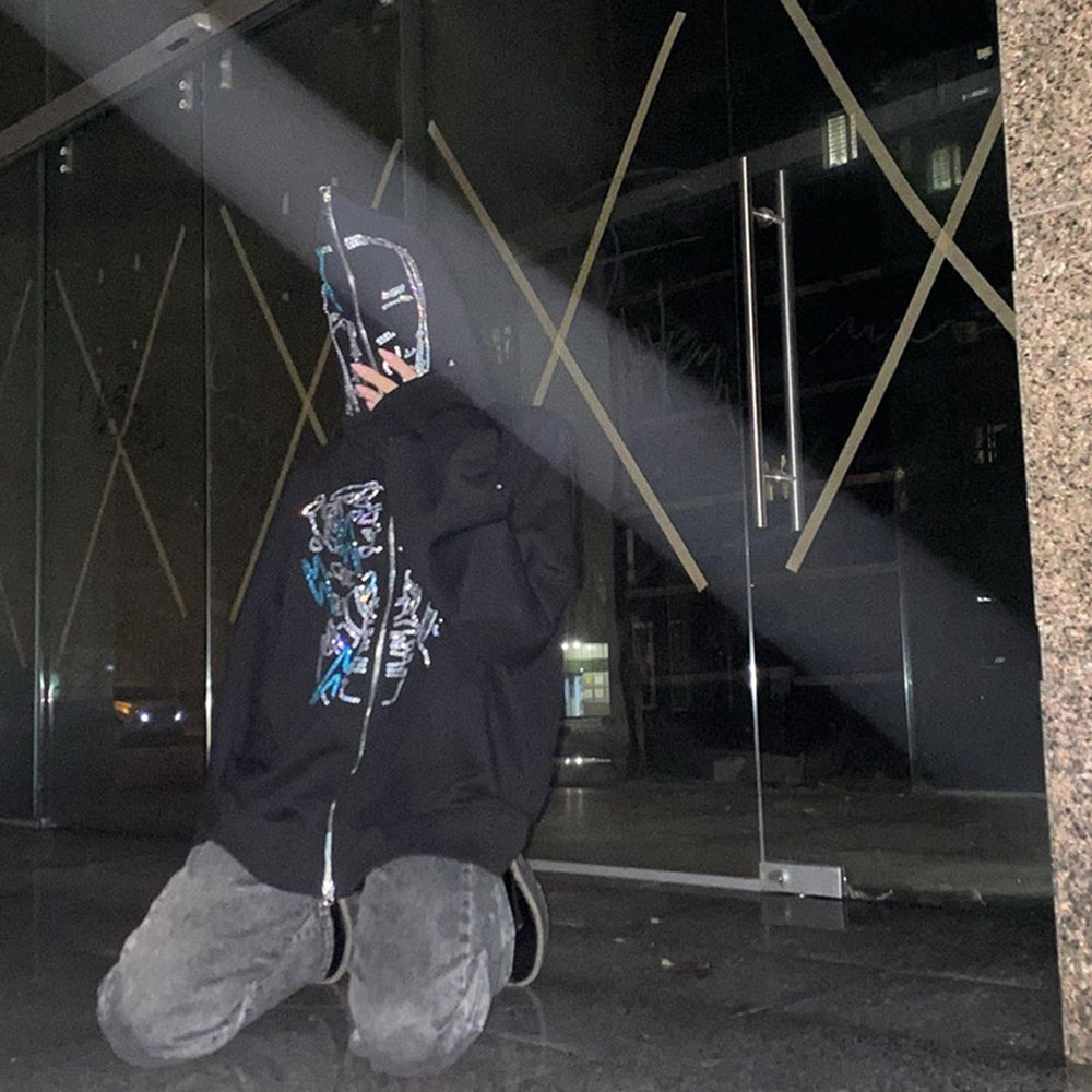 Rhinestone Skull Zip-Up Oversized Coat