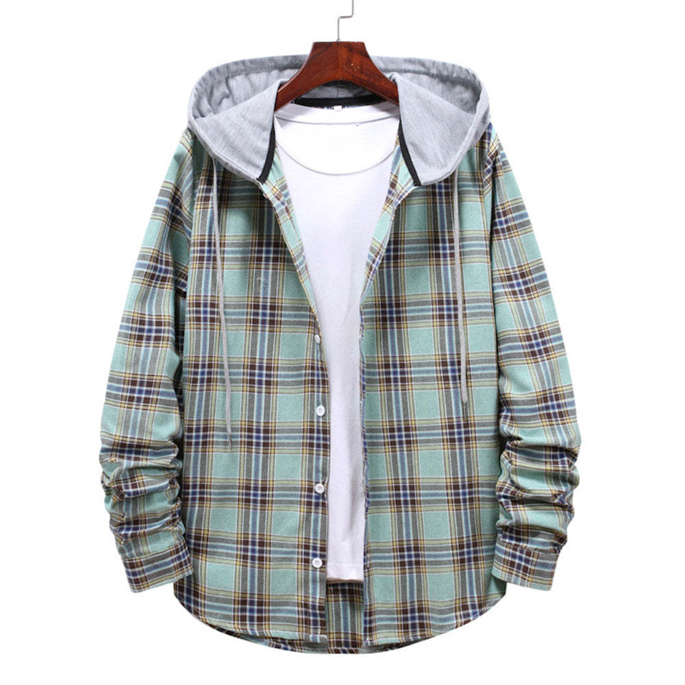 Lucisdream Men's Plaid Hooded Long Sleeve Shirt Jacket