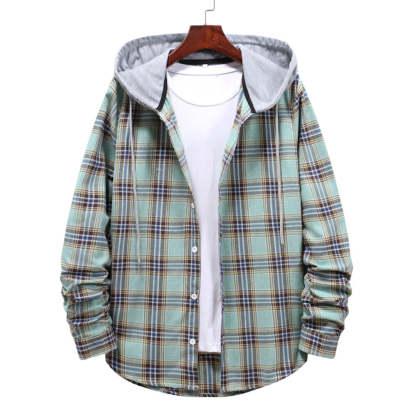 Men's Plaid Hooded Long Sleeve Shirt Jacket