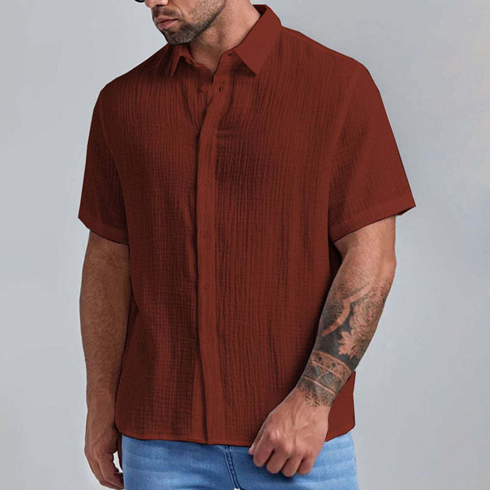 New Men's Slim Lapel Collar Pleated Short Sleeve Shirt