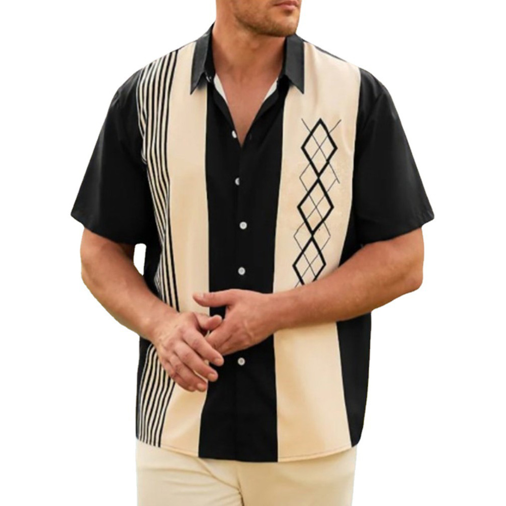 Summer new men's lapel striped printed short-sleeved shirt
