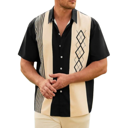 Summer new men's lapel striped printed short-sleeved shirt