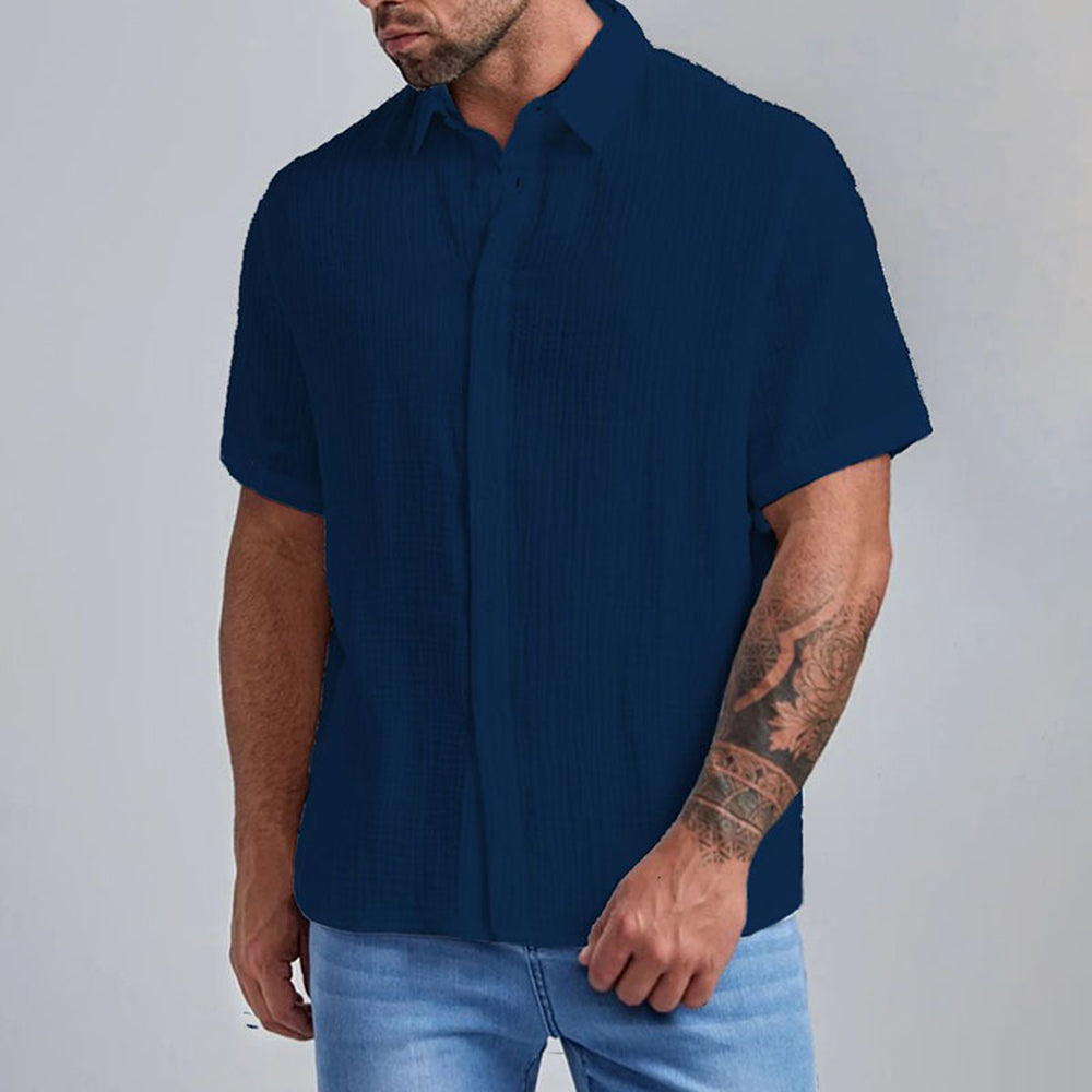 New Men's Slim Lapel Collar Pleated Short Sleeve Shirt