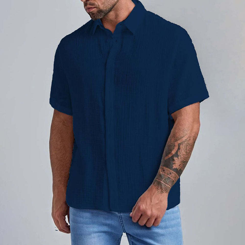 New Men's Slim Lapel Collar Pleated Short Sleeve Shirt