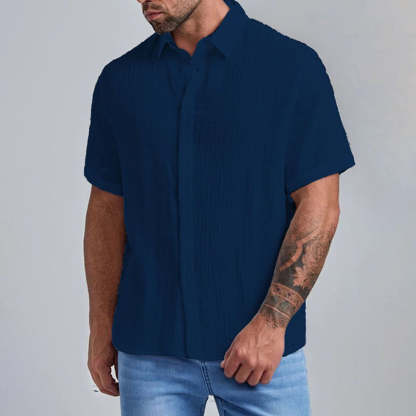 New Men's Slim Lapel Collar Pleated Short Sleeve Shirt