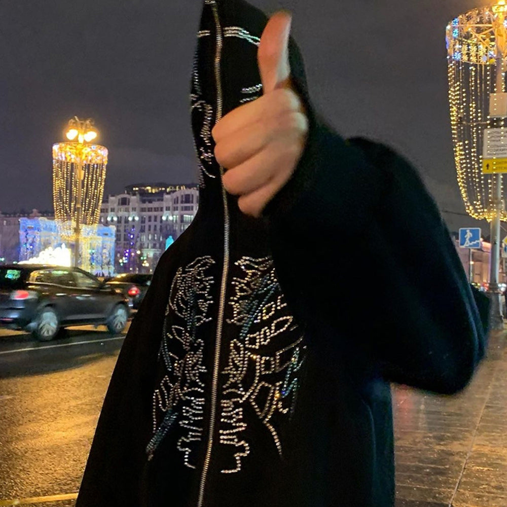 Rhinestone Skull Zip-Up Oversized Coat