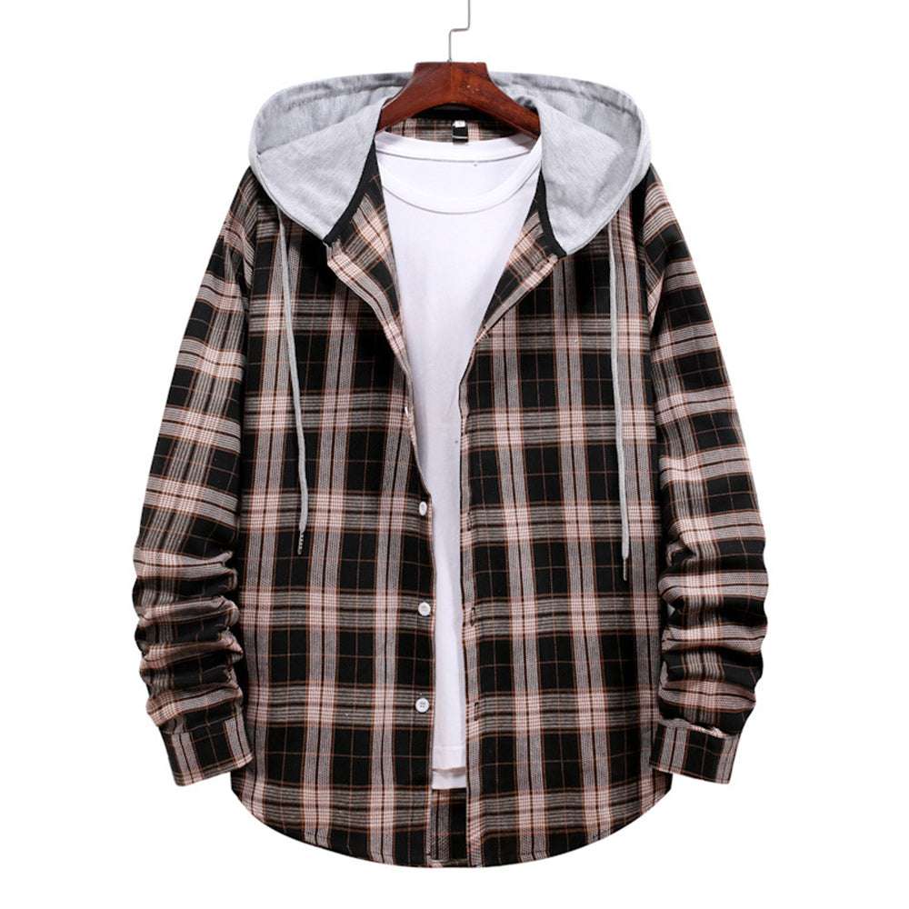 Men's Plaid Hooded Long Sleeve Shirt Jacket