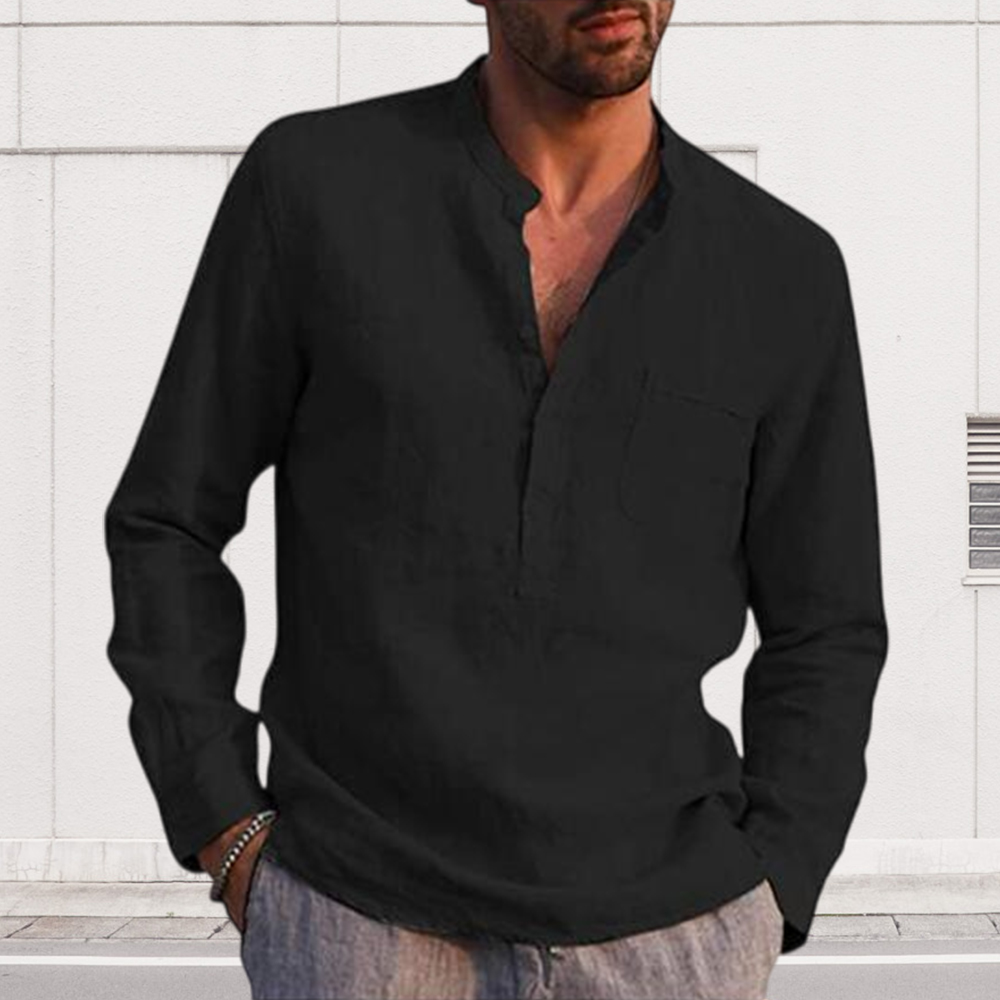 Lucisdream Men's Long Sleeve V Neck Casual Beach Linen Shirt