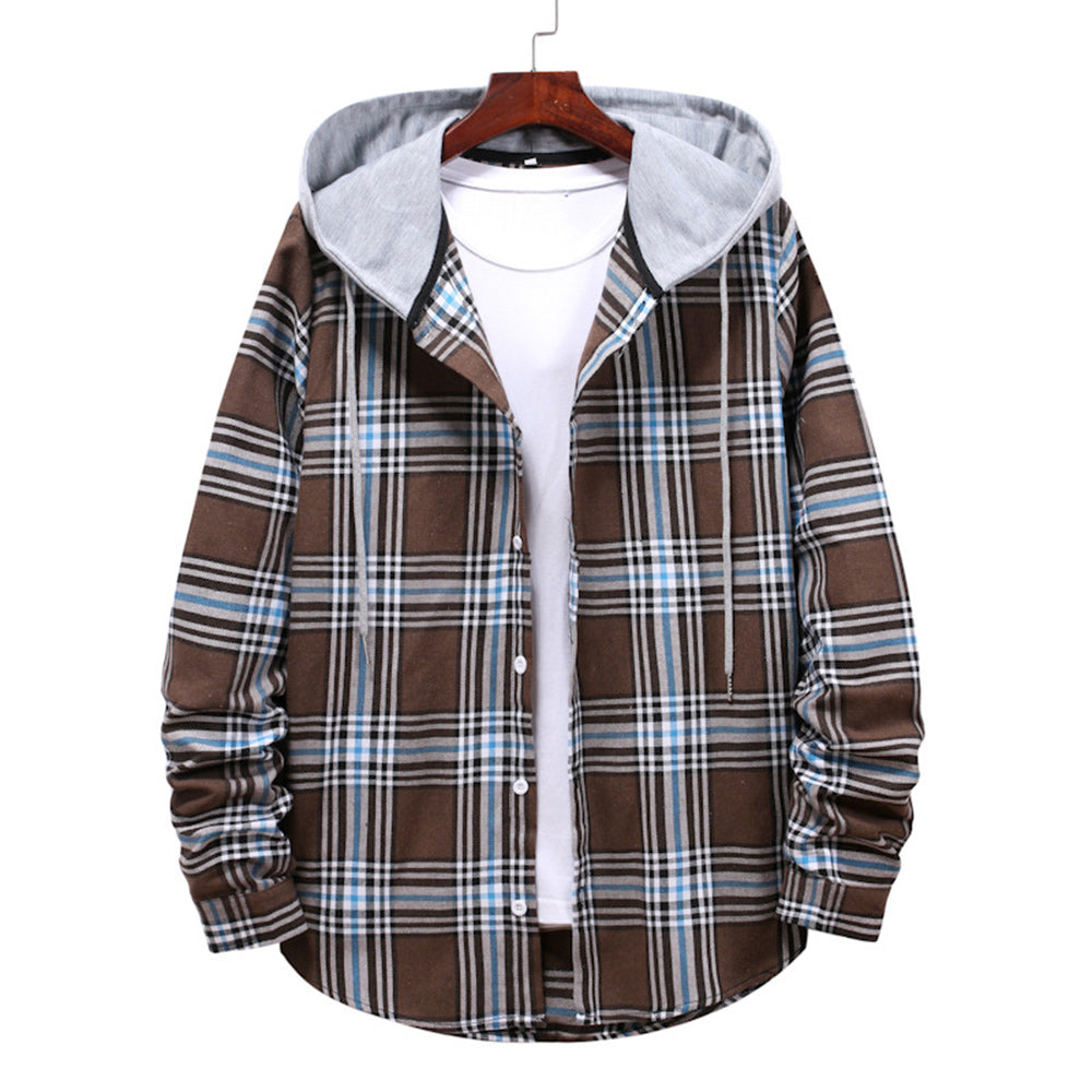 Men's Plaid Hooded Long Sleeve Shirt Jacket